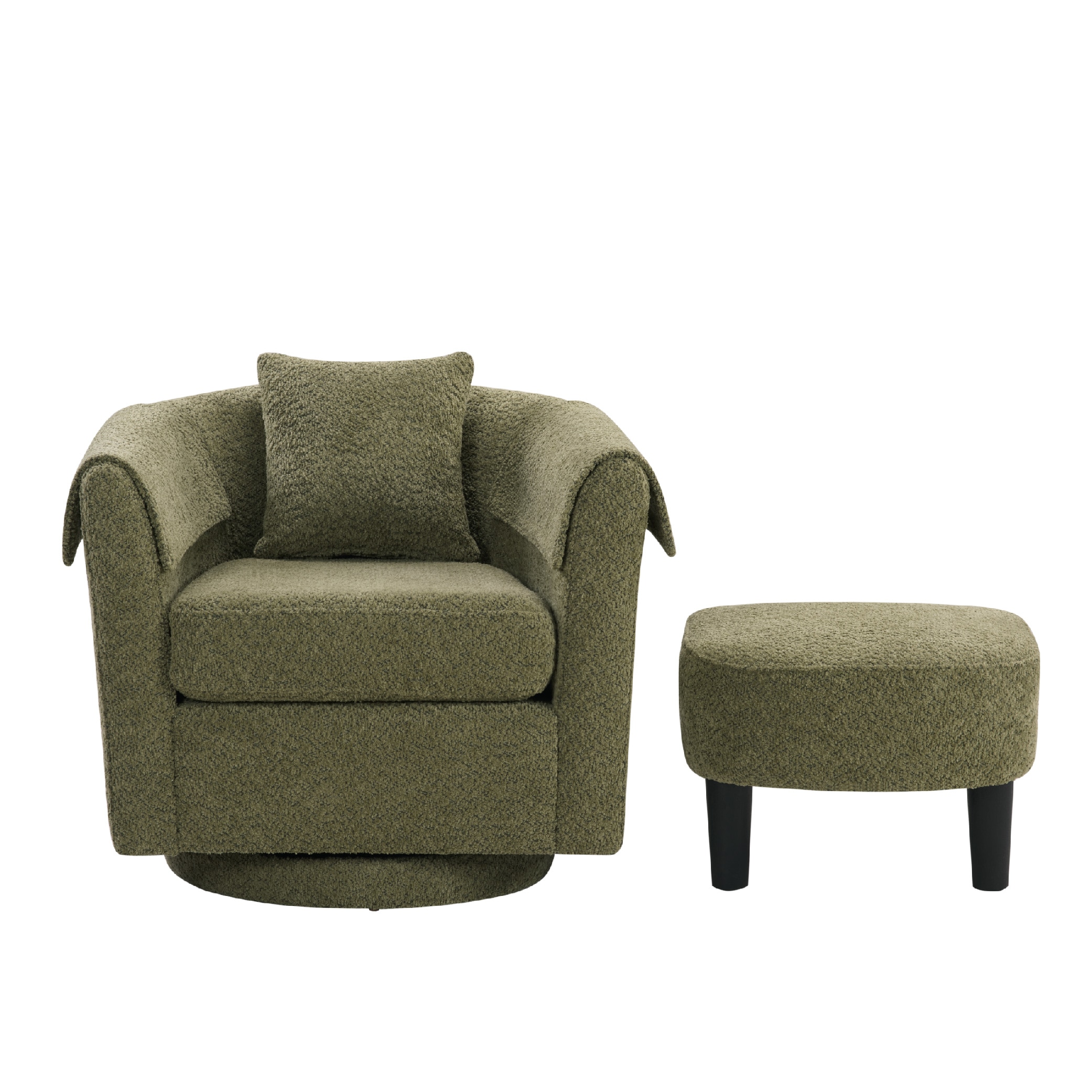 Swivel Accent Chair With Ottoman Set, Modern Chenille Barrel Armchair With Removable Back Pillow & 2 Armrest Covers For Living Room, Bedroom, Office, Green_voghion.com